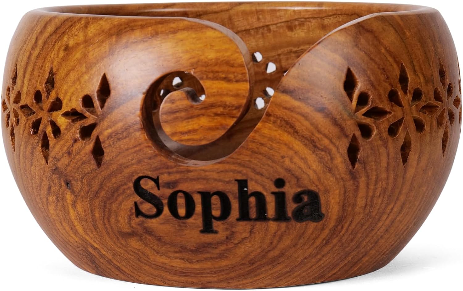 picture of a yarn bowl with the name of the recipient inscribed on the bowl.