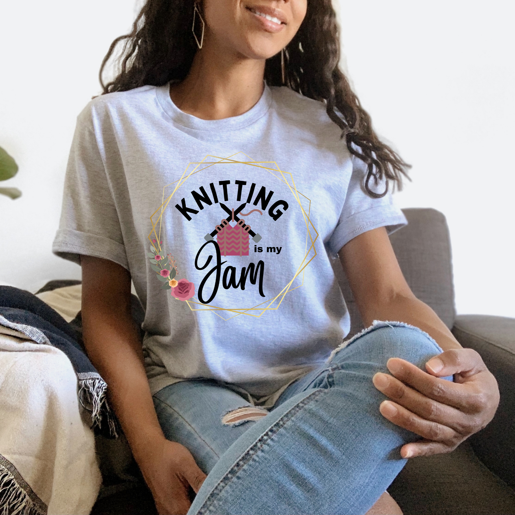 woman wearing a gray t-shirt that says Knitting is My Jam