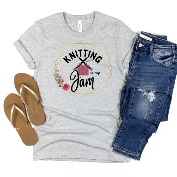 athletic grey t-shirt that says Knitting is My Jam